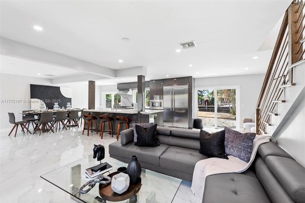 Dining room, Interior, Kitchen, Living room, Marble, Recessed Lighting, Stainless Steel Appliances