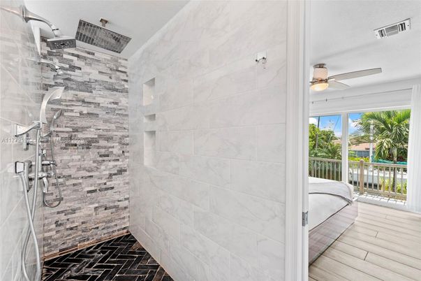 Bathroom, Interior, Marble Walls, Wood Texture Flooring