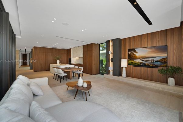 Dining room, Interior, Living room, Recessed Lighting, Wood Texture Flooring, Wooden Walls