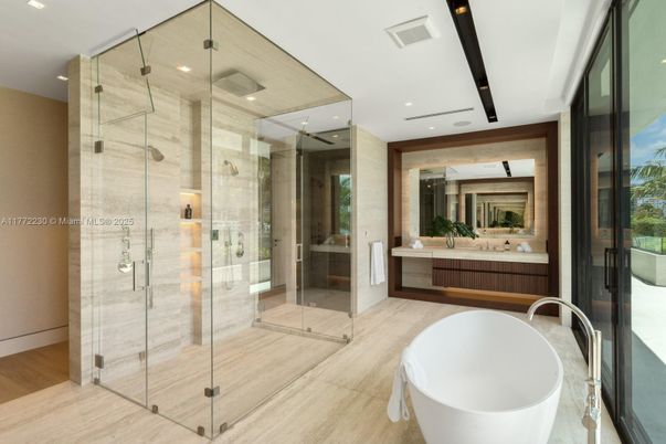 Bathroom, Dual Sink Vanities, Free Standing Baths, Glass Shower, Interior, Recessed Lighting, Wood Texture Flooring
