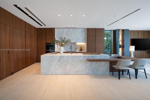 Interior, Kitchen, Marble Walls, Recessed Lighting, Wood Texture Flooring