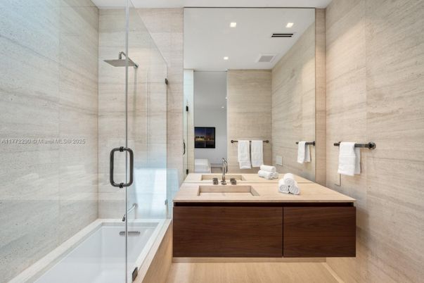 Bathroom, Dual Sink Vanities, Glass Shower, Interior, Recessed Lighting