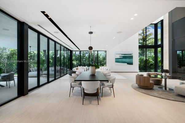 Dining room, Interior, Pendant Lights, Recessed Lighting, Wood Texture Flooring