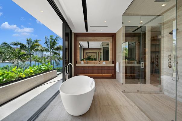 Bathroom, Dual Sink Vanities, Free Standing Baths, Glass Shower, Interior, Recessed Lighting, Wood Texture Flooring