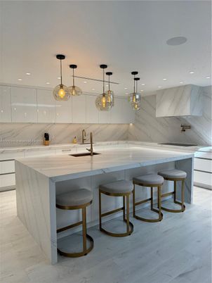 Interior, Kitchen, Marble Walls, Pendant Lights, Recessed Lighting, Wood Texture Flooring