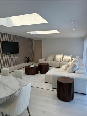 Dining room, Interior, Living room, Recessed Lighting, Wood Texture Flooring