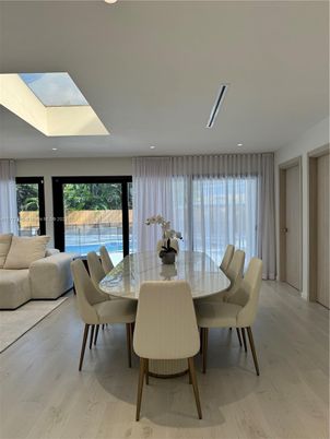 Dining room, Interior, Recessed Lighting, Wood Texture Flooring