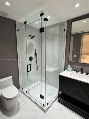 Bathroom, Glass Shower, Interior, Marble, Marble Walls, Recessed Lighting