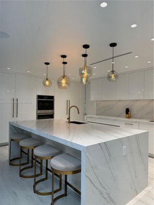 Interior, Kitchen, Marble Walls, Pendant Lights, Recessed Lighting