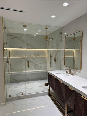 Bathroom, Glass Shower, Interior, Marble, Marble Walls, Recessed Lighting
