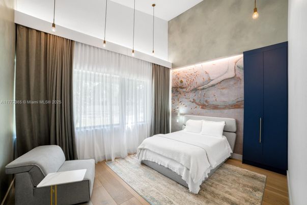 Bedroom, Interior, Pendant Lights, Wood Texture Flooring