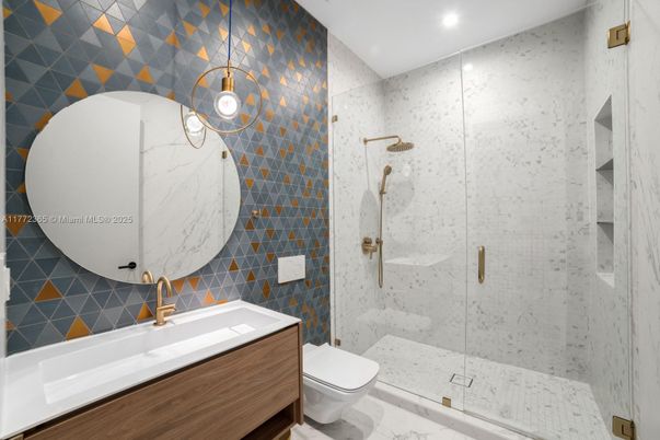 Bathroom, Glass Shower, Interior, Marble, Marble Walls, Recessed Lighting