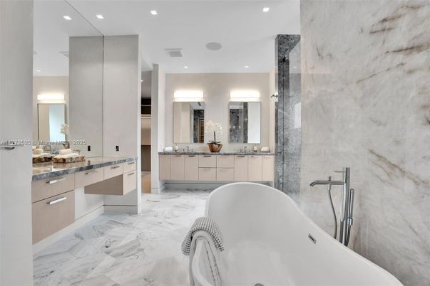Bathroom, Dual Sink Vanities, Free Standing Baths, Interior, Marble, Marble Walls, Recessed Lighting
