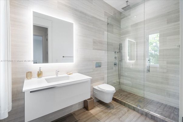 Bathroom, Glass Shower, Interior, Wood Texture Flooring