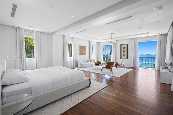 Bedroom, Chandelier, Interior, Recessed Lighting, Water, Wood Texture Flooring