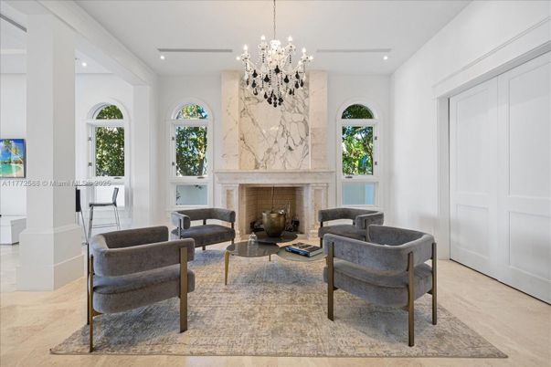 Fireplace, Interior, Living room, Marble Walls, Pendant Lights, Recessed Lighting