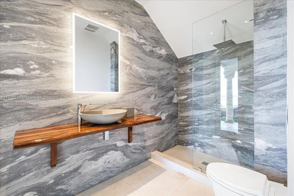Bathroom, Glass Shower, Interior, Marble Walls, Recessed Lighting