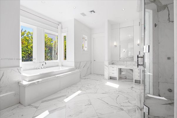 Bathroom, Glass Shower, Interior, Marble, Marble Walls, Recessed Lighting
