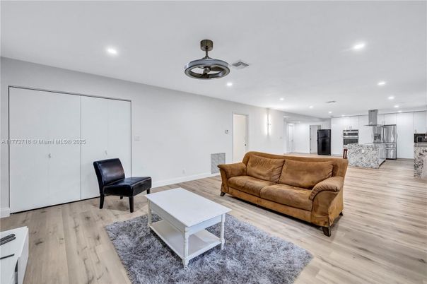 Interior, Kitchen, Living room, Recessed Lighting, Stainless Steel Appliances, Wood Texture Flooring