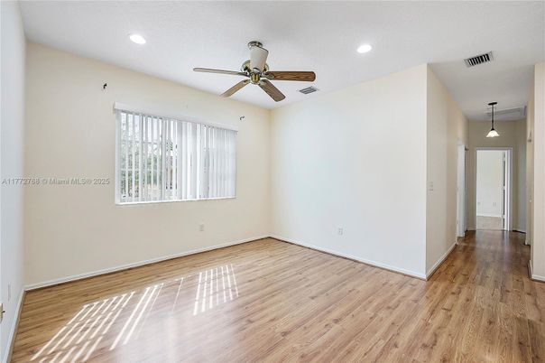Empty room, Interior, Pendant Lights, Recessed Lighting, Wood Texture Flooring