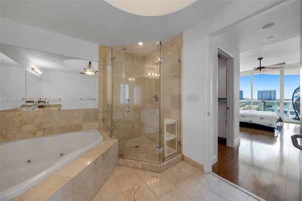 Bathroom, Glass Shower, Interior, Wood Texture Flooring