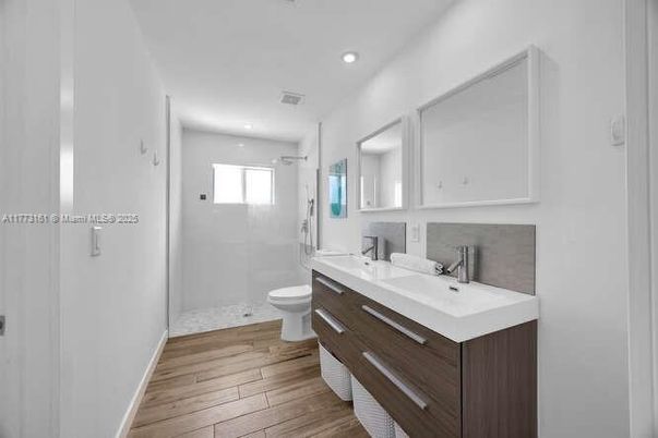 Bathroom, Glass Shower, Interior, Recessed Lighting, Wood Texture Flooring