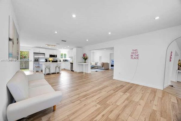 Interior, Kitchen, Living room, Pendant Lights, Recessed Lighting, Stainless Steel Appliances, Wood Texture Flooring