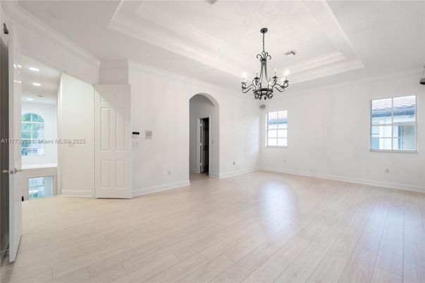 Chandelier, Empty room, Interior, Recessed Lighting, Wood Texture Flooring