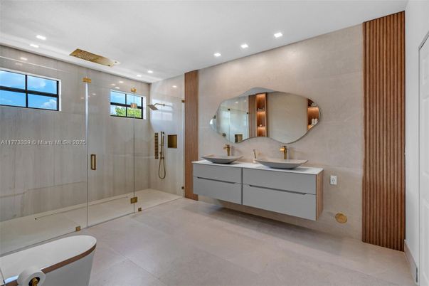 Bathroom, Dual Sink Vanities, Glass Shower, Interior, Recessed Lighting