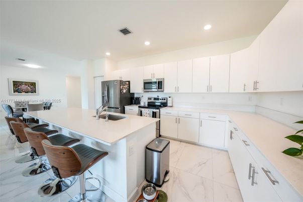 Interior, Kitchen, Marble, Recessed Lighting, Stainless Steel Appliances