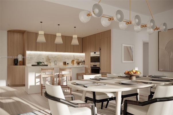 Dining room, Interior, Kitchen, Pendant Lights, Stainless Steel Appliances, Wood Texture Flooring