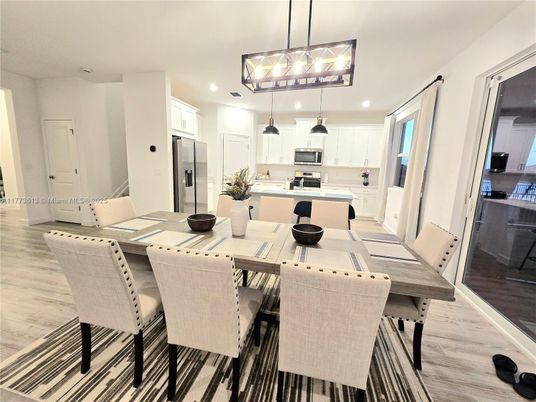 Dining room, Interior, Kitchen, Pendant Lights, Recessed Lighting, Stainless Steel Appliances, Wood Texture Flooring