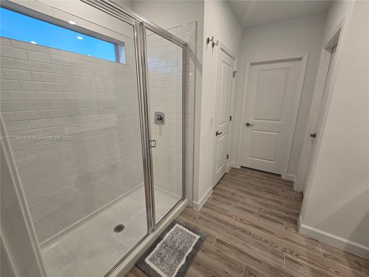 Bathroom, Glass Shower, Interior, Wood Texture Flooring