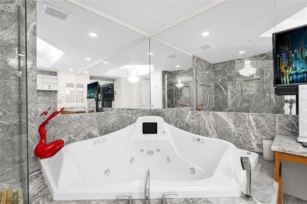 Bathroom, Free Standing Baths, Glass Shower, Interior, Marble Walls, Recessed Lighting