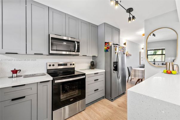 Interior, Kitchen, Stainless Steel Appliances, Wood Texture Flooring