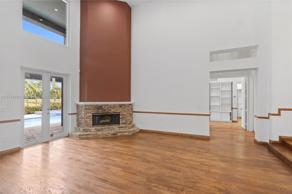 Empty room, Fireplace, Interior, Recessed Lighting, Wood Texture Flooring