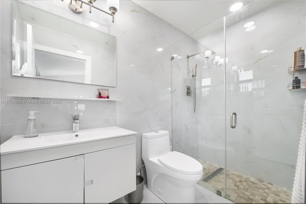 Bathroom, Glass Shower, Interior, Marble Walls, Recessed Lighting