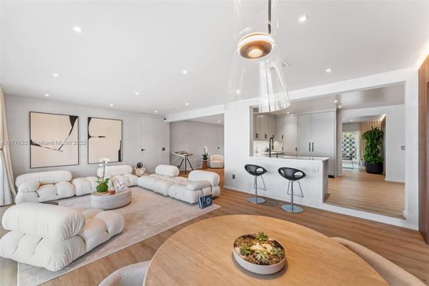 Interior, Kitchen, Living room, Pendant Lights, Recessed Lighting, Wood Texture Flooring