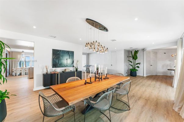 Dining room, Interior, Pendant Lights, Recessed Lighting, Wood Texture Flooring