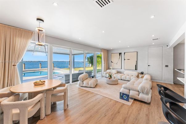 Dining room, Interior, Living room, Recessed Lighting, Water, Wood Texture Flooring