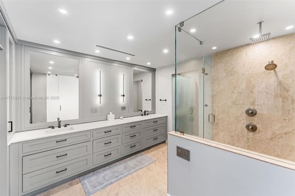 Bathroom, Dual Sink Vanities, Glass Shower, Interior, Recessed Lighting
