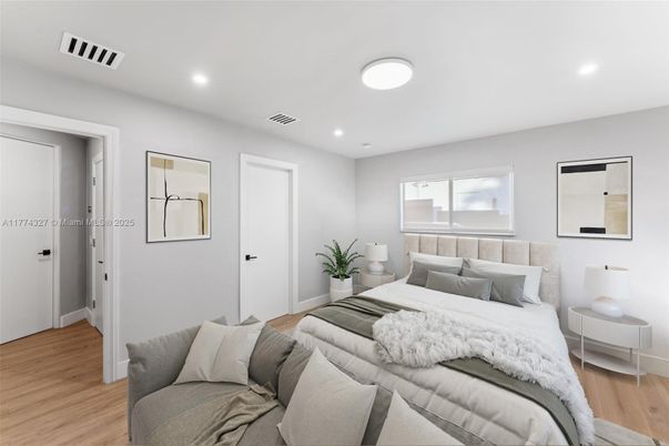 Bedroom, Interior, Recessed Lighting, Wood Texture Flooring