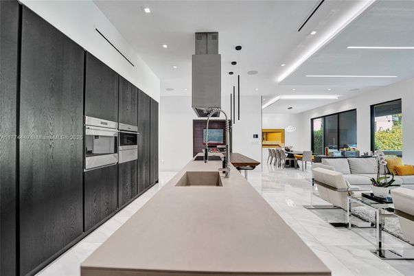 Dining room, Interior, Kitchen, Living room, Marble, Pendant Lights, Recessed Lighting, Stainless Steel Appliances