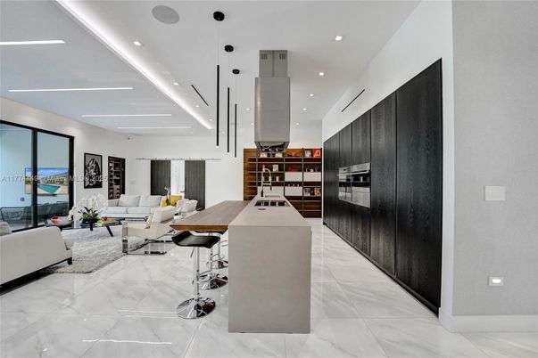 Interior, Kitchen, Living room, Marble, Pendant Lights, Recessed Lighting, Stainless Steel Appliances