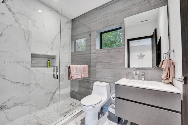 Bathroom, Glass Shower, Interior, Marble Walls, Recessed Lighting