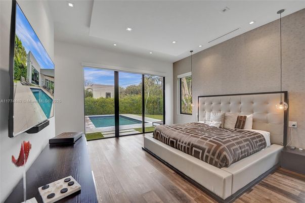 Bedroom, Interior, Pendant Lights, Recessed Lighting, Wood Texture Flooring