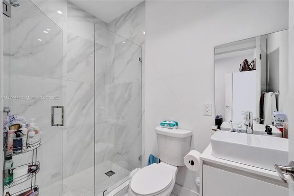 Bathroom, Glass Shower, Interior, Marble Walls, Recessed Lighting