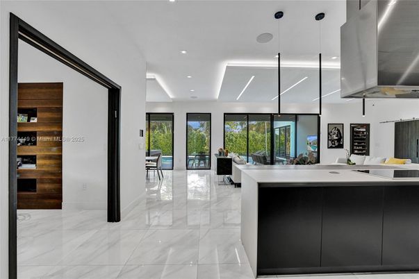 Interior, Kitchen, Marble, Pendant Lights, Recessed Lighting, Stainless Steel Appliances
