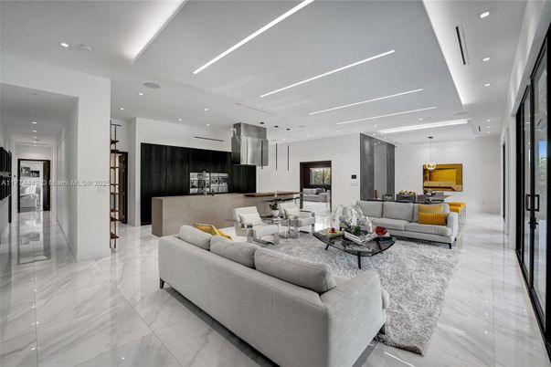 Interior, Kitchen, Living room, Marble, Pendant Lights, Recessed Lighting, Stainless Steel Appliances