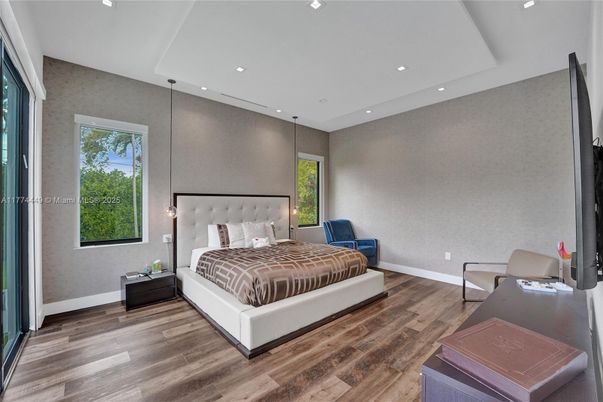 Bedroom, Interior, Pendant Lights, Recessed Lighting, Wood Texture Flooring